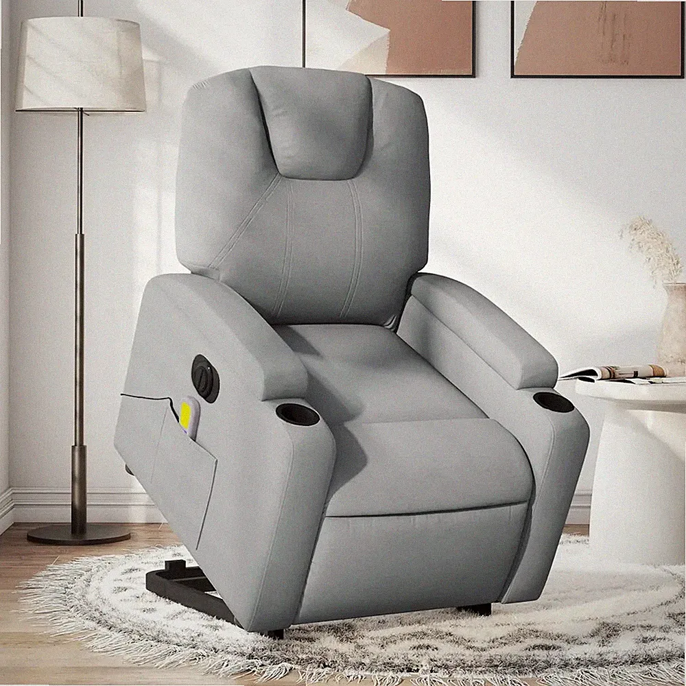 Massagesessel mit Aufstehhilfe und elektrischer Funktion, hellgrauer Stoff