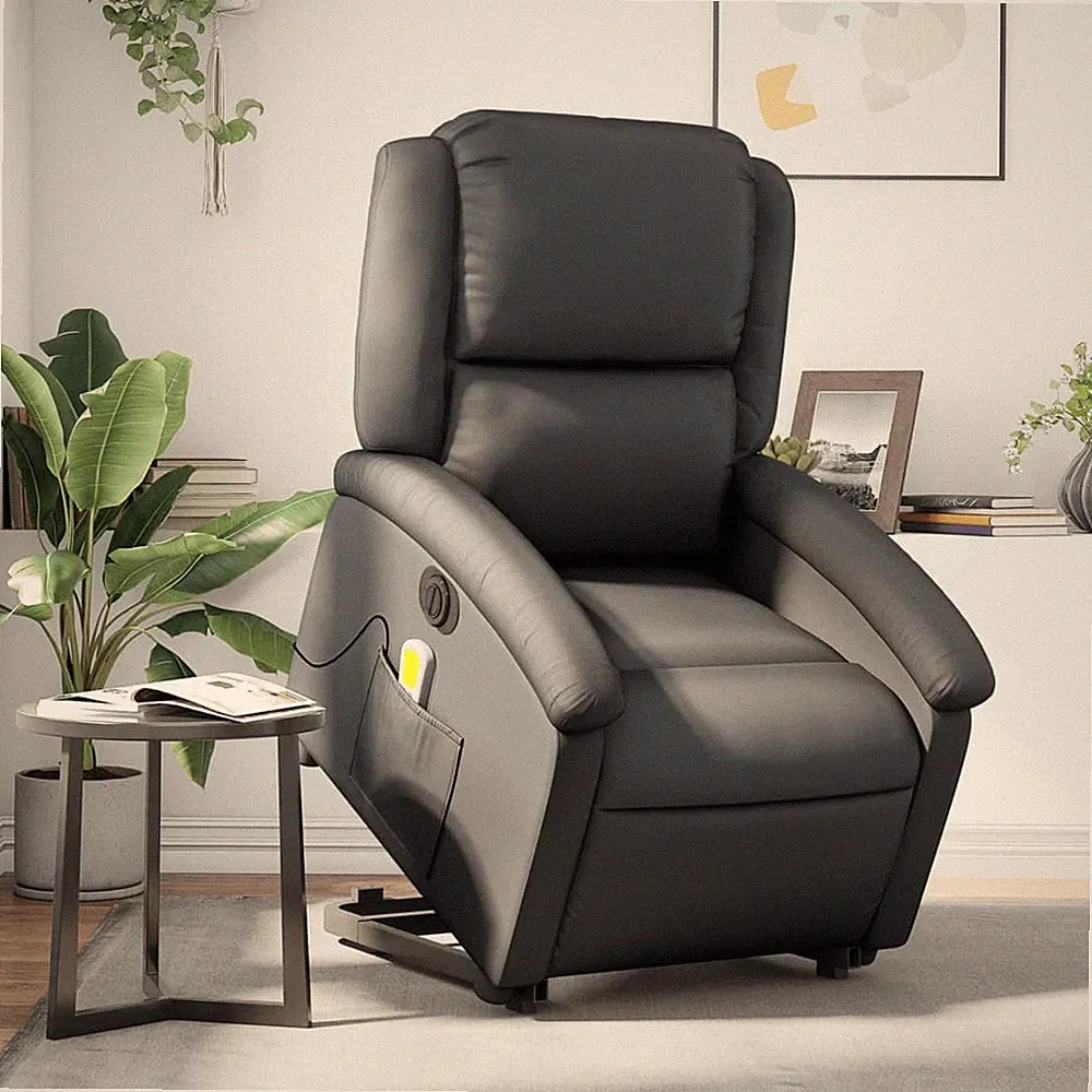 vidaXL Massagesessel mit Aufstehhilfe, Schwarz, Echtleder